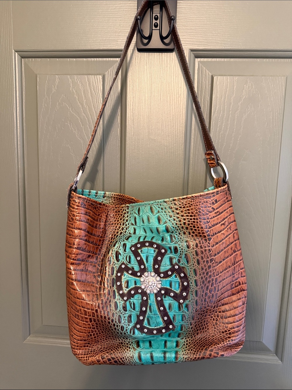Croc-Embossed Brown & Turquoise Shoulder Bag with Cross Accent